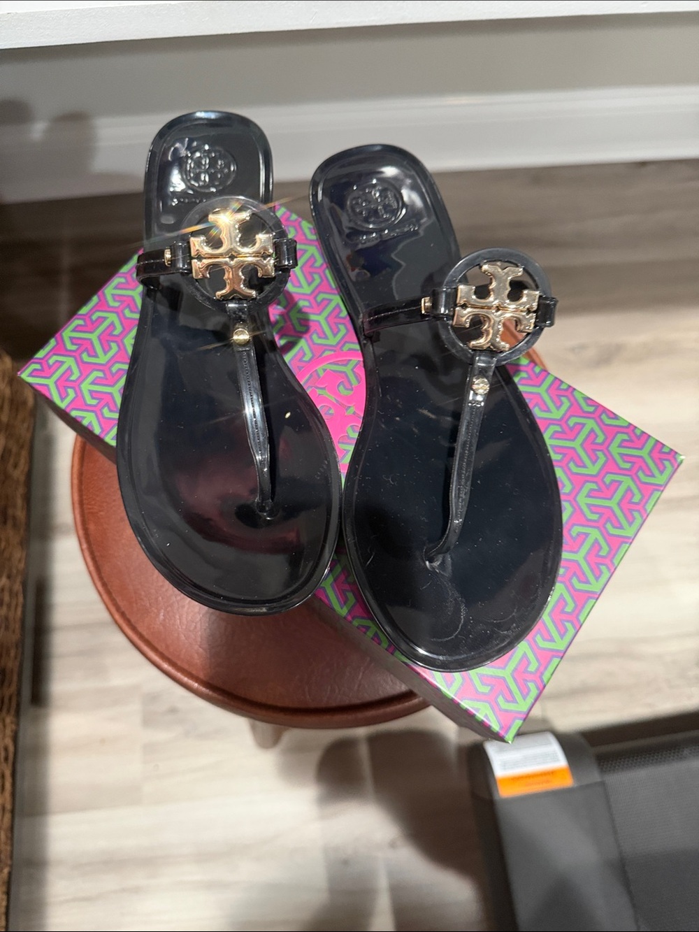 Tory Burch Black Jelly Thong Sandals with Gold Logo